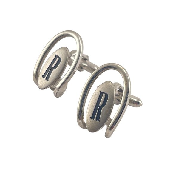 Vintage Swank Silver Tone Initial "R" Cufflinks 1" Oval Design - Picture 5 of 8